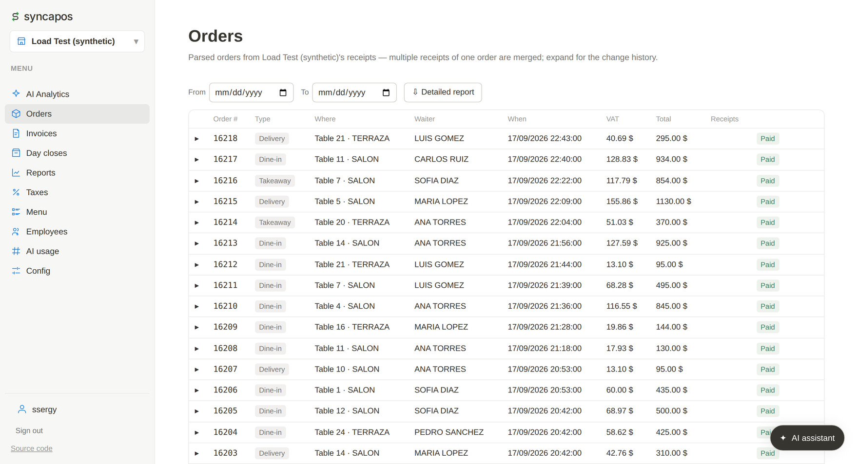 The orders list in the syncapos dashboard, with one bill’s tickets already merged